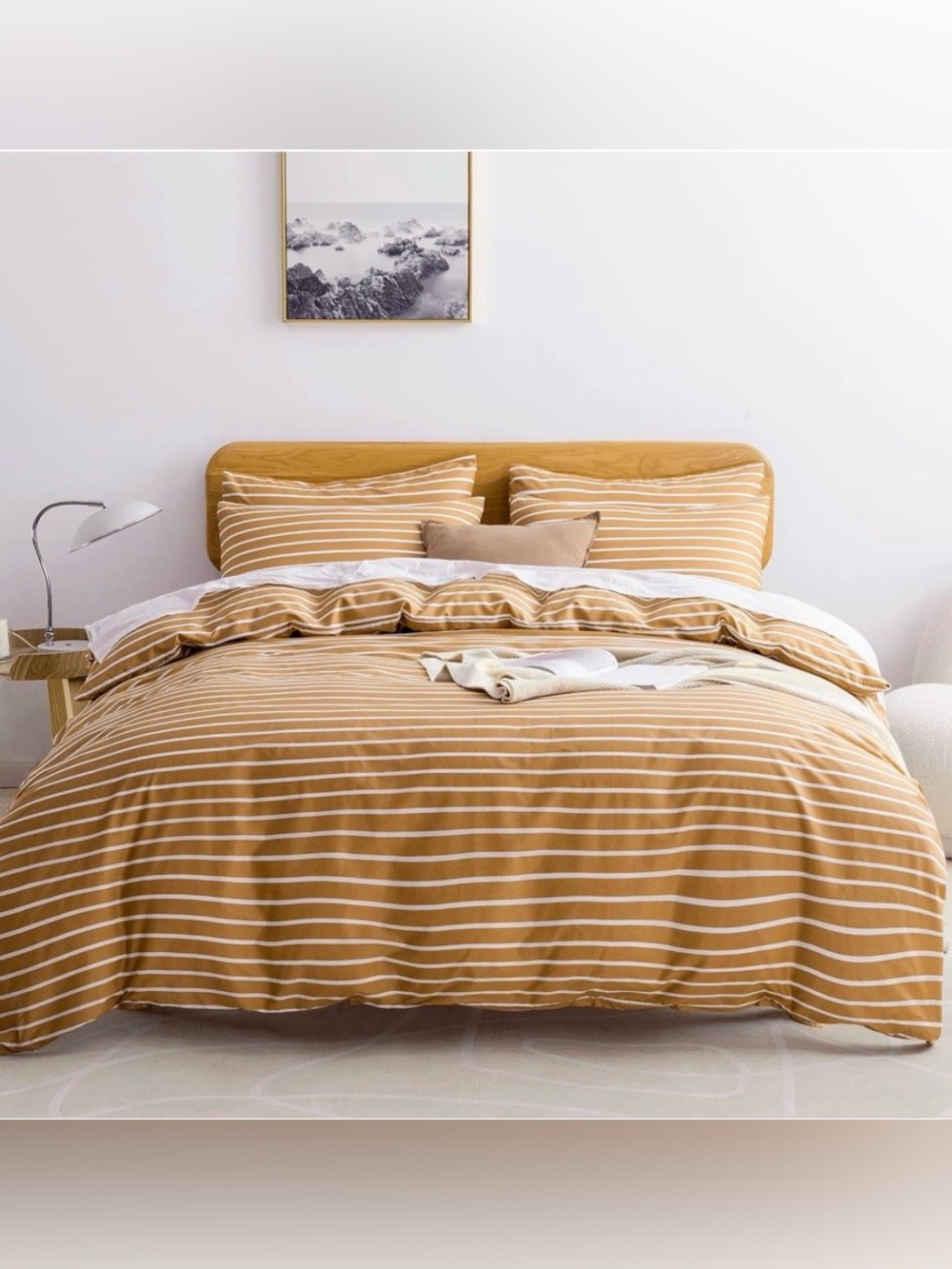 FULL SIZE Farmhouse Stripe Duvet Set 100% Cotton - Mustard Yellow & White